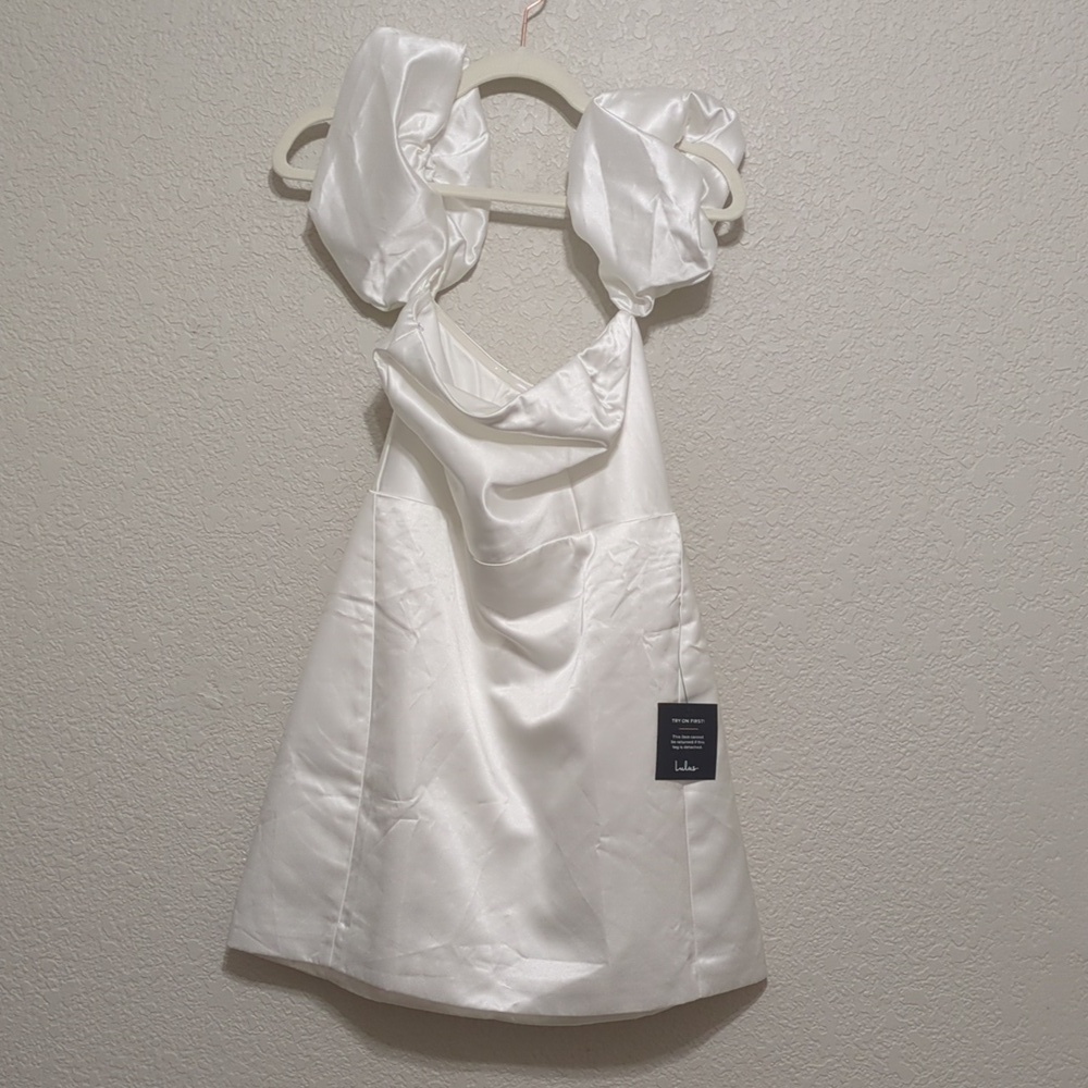 Lulu's Significant Sensation white satin ruffle off shoulder mini dress - Picture 5 of 10